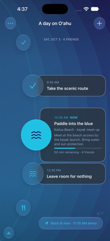 daydream prototype showing a sample day on Oʻahu, with the current activity highlighted on a curved timeline