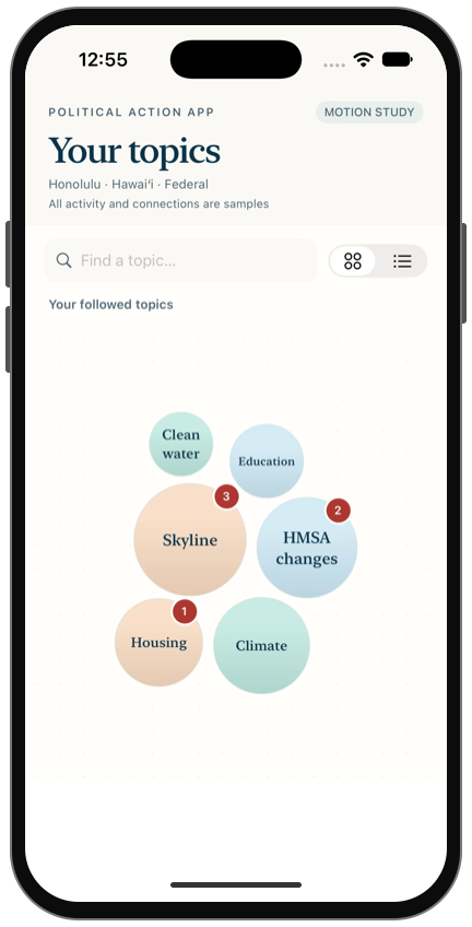 Political Action App prototype on an iPhone, showing connected research topics with sample data